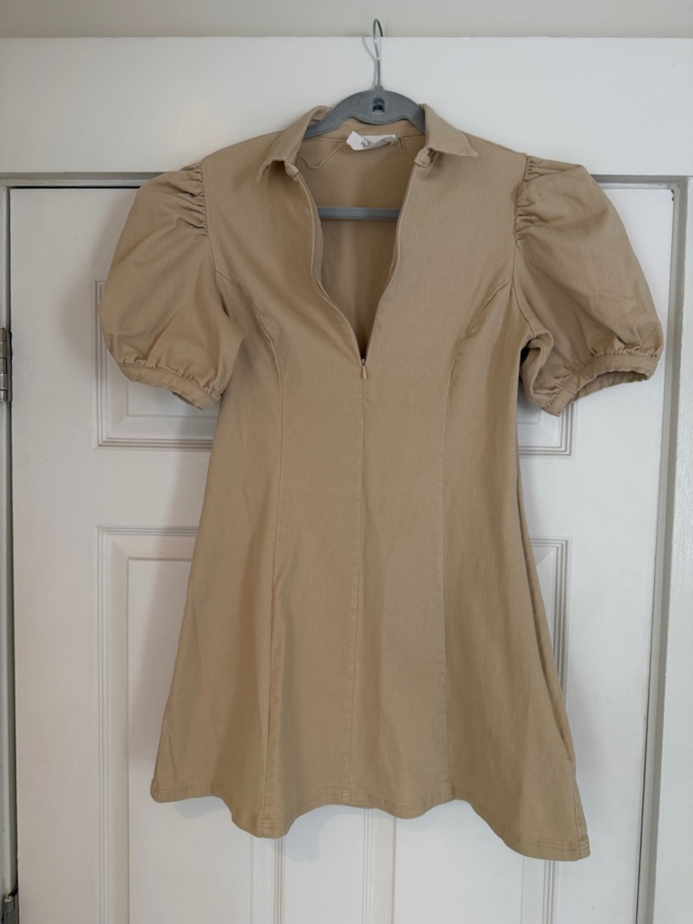 Mini Dress with Puff Sleeves and Front Zip - Cream